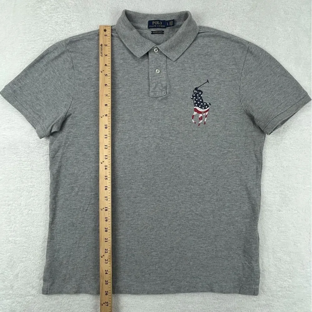 Polo Ralph Lauren Custom Slim‎ Fit Men L Gray Embordered Big Pony Red White Blue - Picture 4 of 9